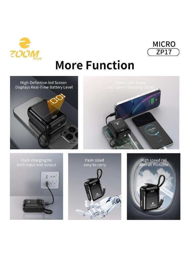 زوم بلس باور بنك زوم بلس MICRO ZP17 بسعة 10000 مللي أمبير | شحن سريع PD بقوة 22.5 واط | كابلات مدمجة مزدوجة | شاشة رقمية | تصميم صغير وخفيف - Image 2